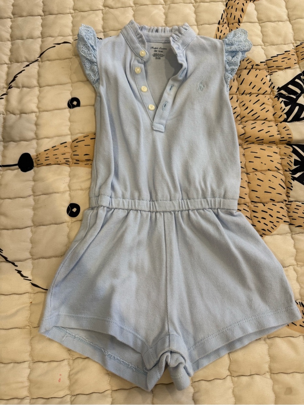 Ralph Lauren Light Blue Knit Girls' Polo Romper with Lace Sleeves
